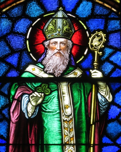 Stained glass representation of Saint Patrick, evangelist of Ireland