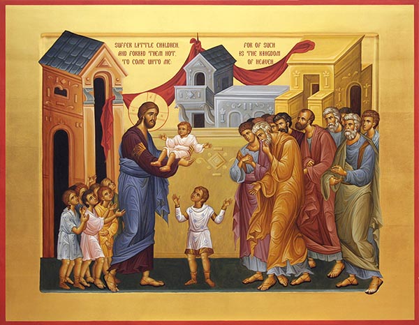 Icon bearing the words, “Let the little children come unto me,” says Jesus (Matthew 19:14)