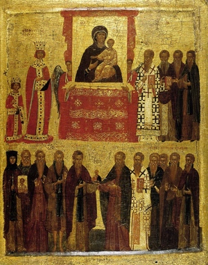 Late 14th century icon illustrating the "Triumph of Orthodoxy" under the Byzantine Empress Theodora and her son Michael III over iconoclasm in 843. (National Icon Collection 18, British Museum)