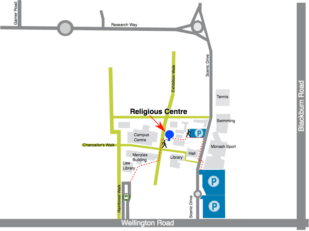 Map showing location of the Religious Centre at 38 Exhibition Walk, Monash University, Clayton Campus
