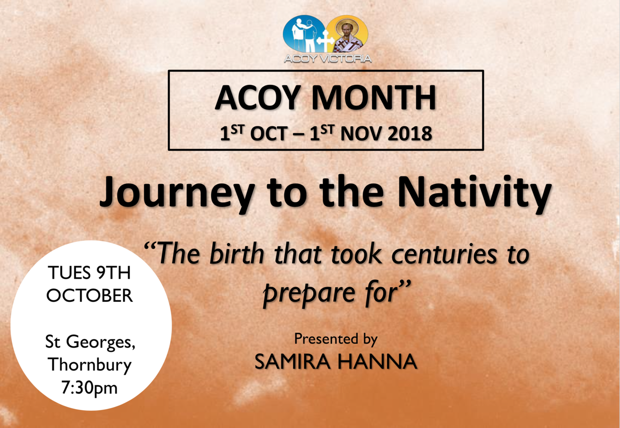 Speech title: "The birth that took centuries to prepare for" by Samira Hanna at St Georges, Thornbury at 7:30 pm on Tuesday October 9, 2018