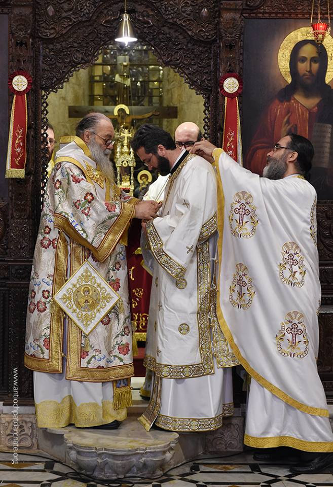 Patriarch of Antioch John X enrobing Metropolitan Basilios at his ordination.