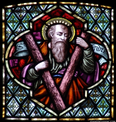 Stained glass representation of Andrew, patron Saint of Scotland