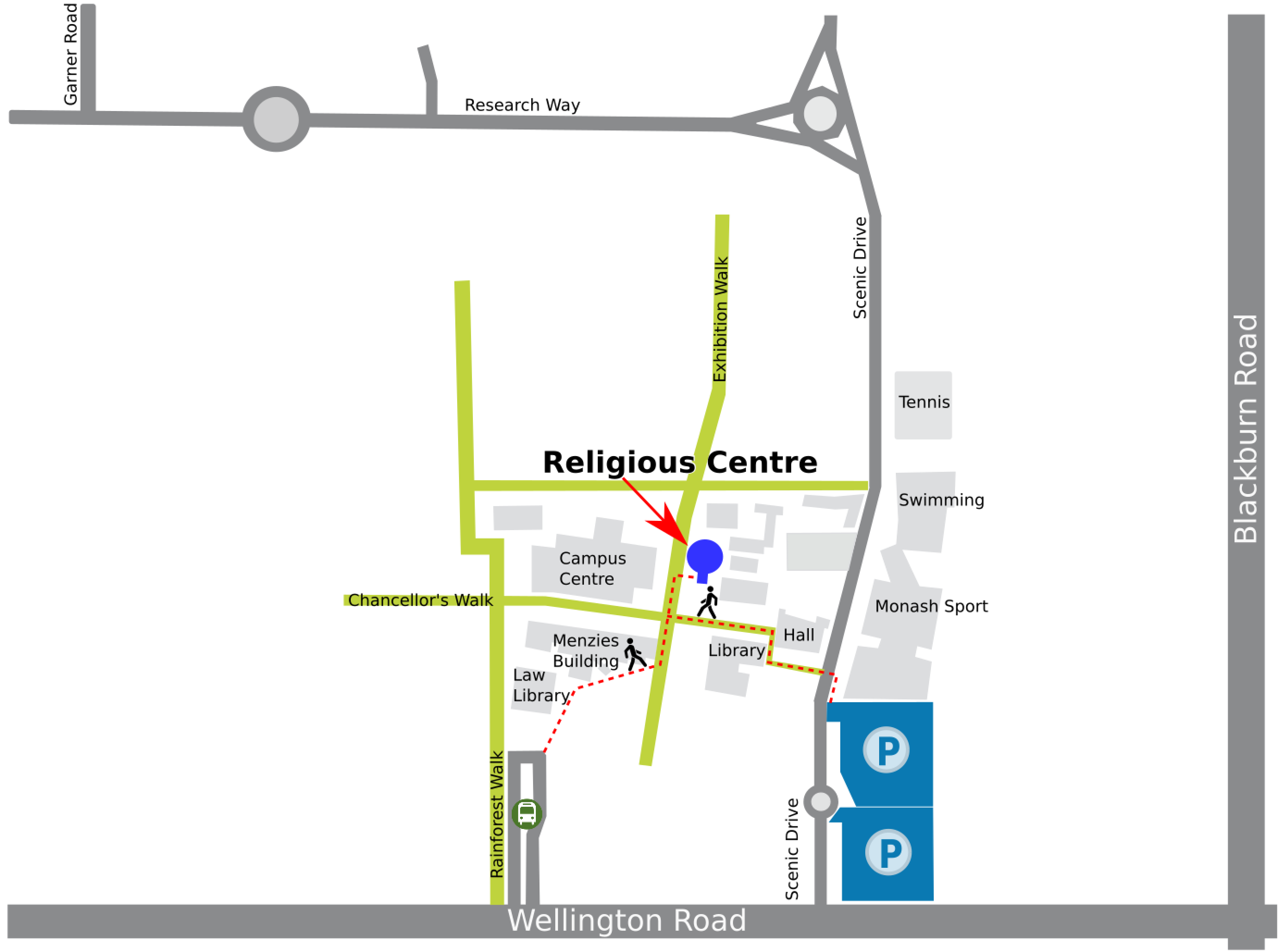 Map showing directions to the Clayton Campus Religious Centre