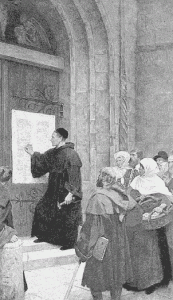 Martin Luther pinning his 95 Theses to the Castle Door