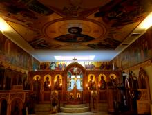 St. George Orthodox Church in NYC, featuring Christ the Pantocrator icon on the ceiling