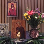 Icons and flowers at Pentecost.